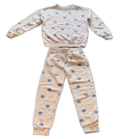 H&M Kids Heart Print Sweatshirt & Joggers Set - Cream and Blue. Size 9/10 - Picture 6 of 9